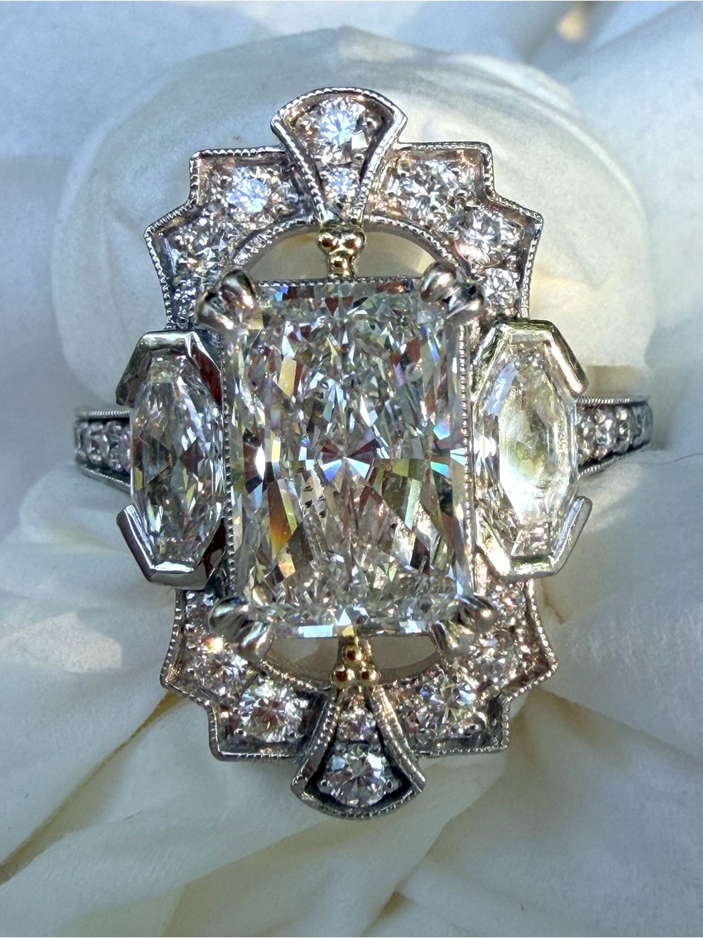 14k white gold Art Deco Radiant Cut Lab grown Diamond Cocktail Ring - White